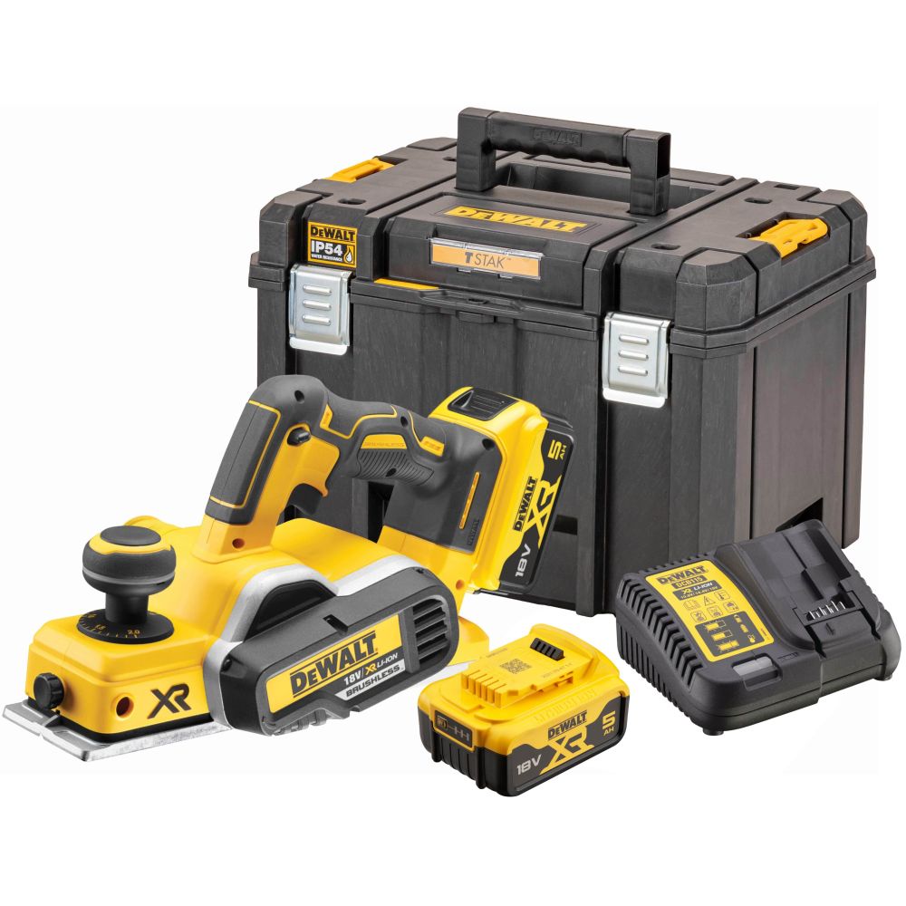 Аккумуляторный рубанок DEWALT DCP580P2, 18 В, 15000 об/мин, 82 мм, с 2 АКБ 5 Ач и ЗУ, в кейсе TSTAK (DCP580P2-QW)