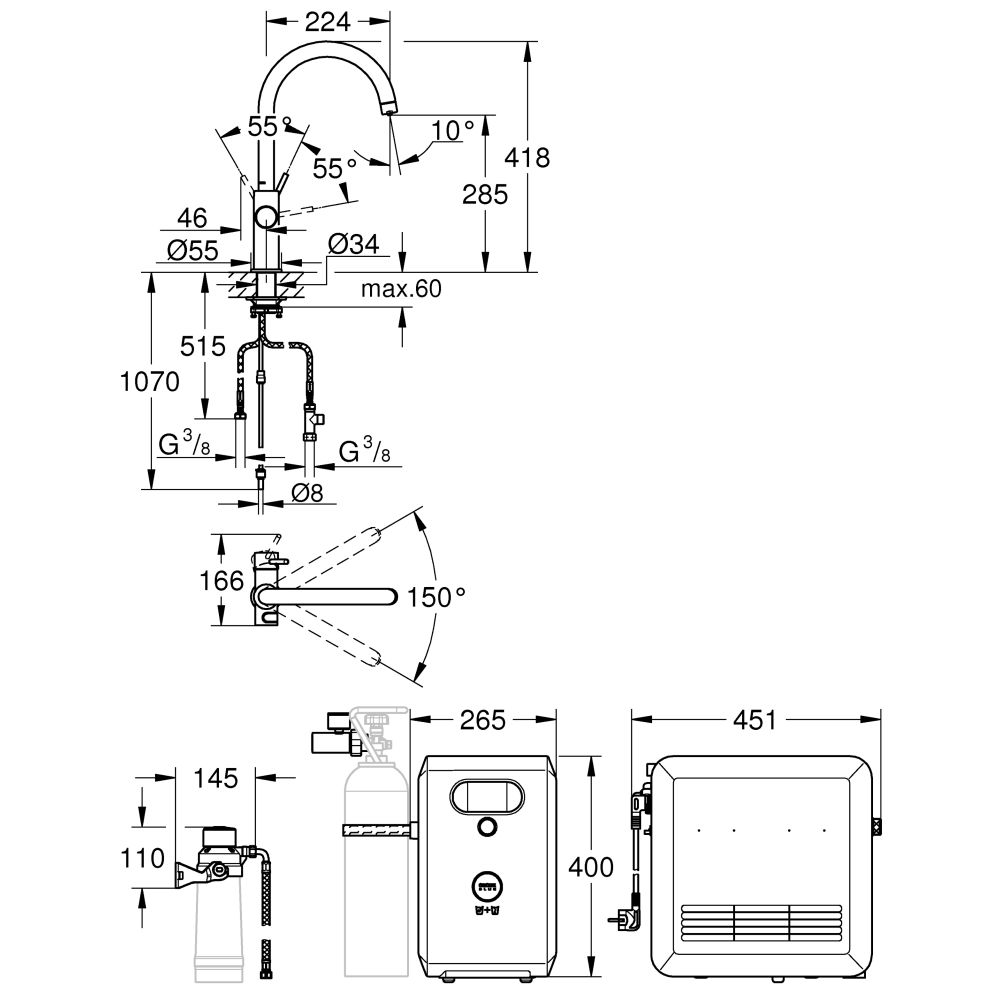 Смеситель для кухонной мойки GROHE Blue Professional с системой фильтрации, охлаждения и газирования воды, хром (31607002)