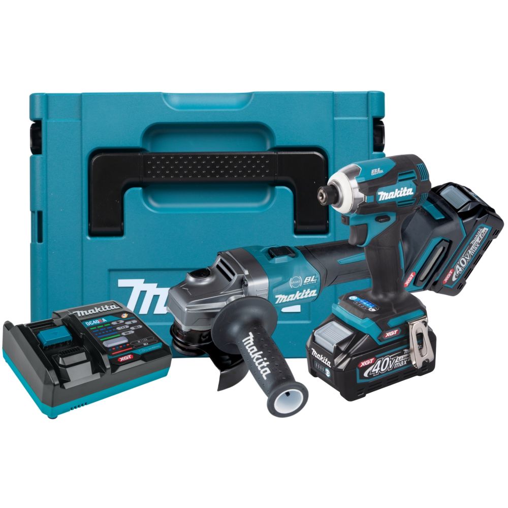 Аккумуляторный набор Makita, 40 В: угловая шлифмашина GA004 + шуруповерт TD001, с 2 АКБ 4 Ач и ЗУ, в кейсе MakPac