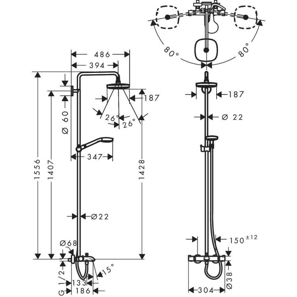 Душевая система hansgrohe Croma Select E 180 2jet с термостатом для ванны 27352400, белый/хром