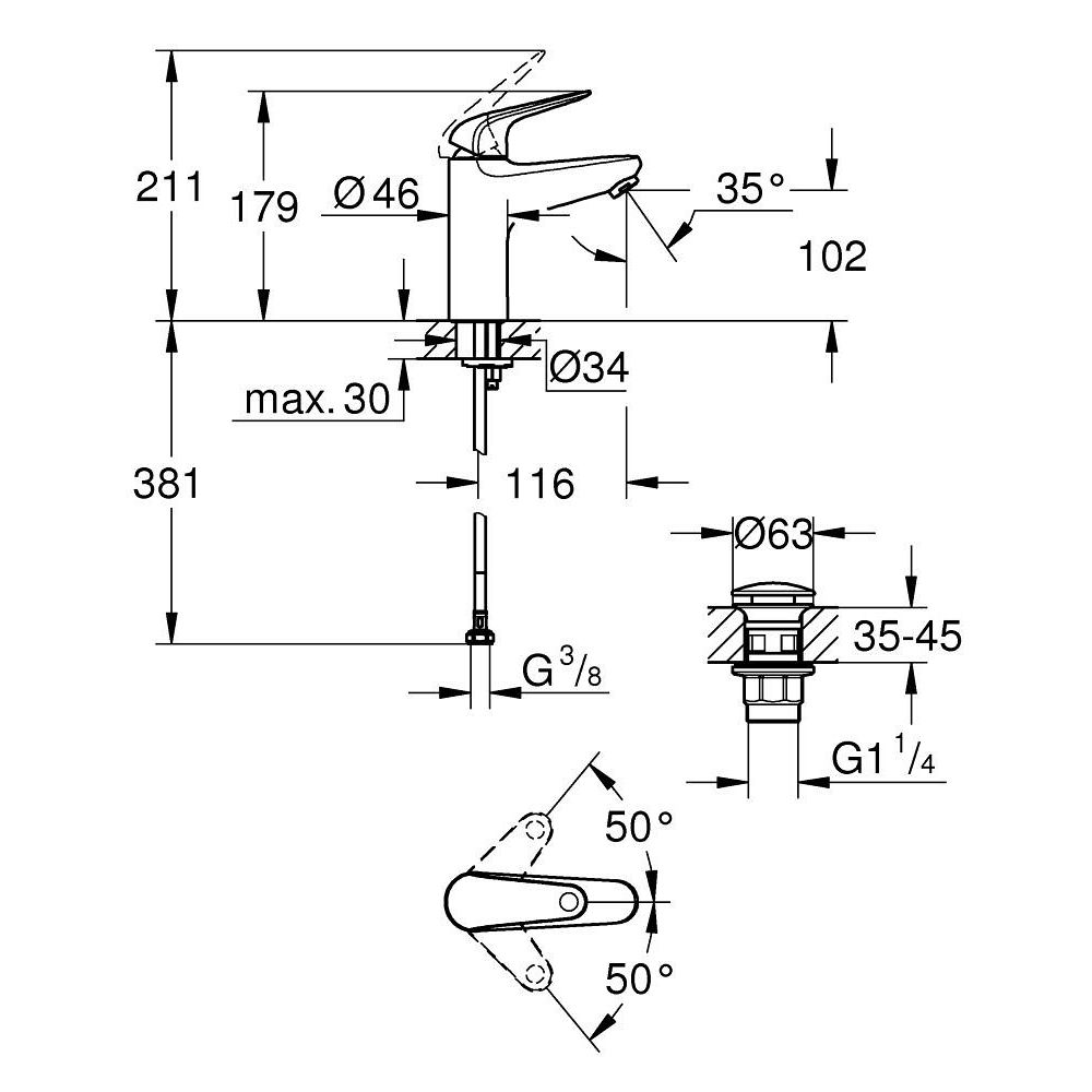 Смеситель для раковины GROHE Euroeco, с донным клапанном, размер M, хром (24267001)