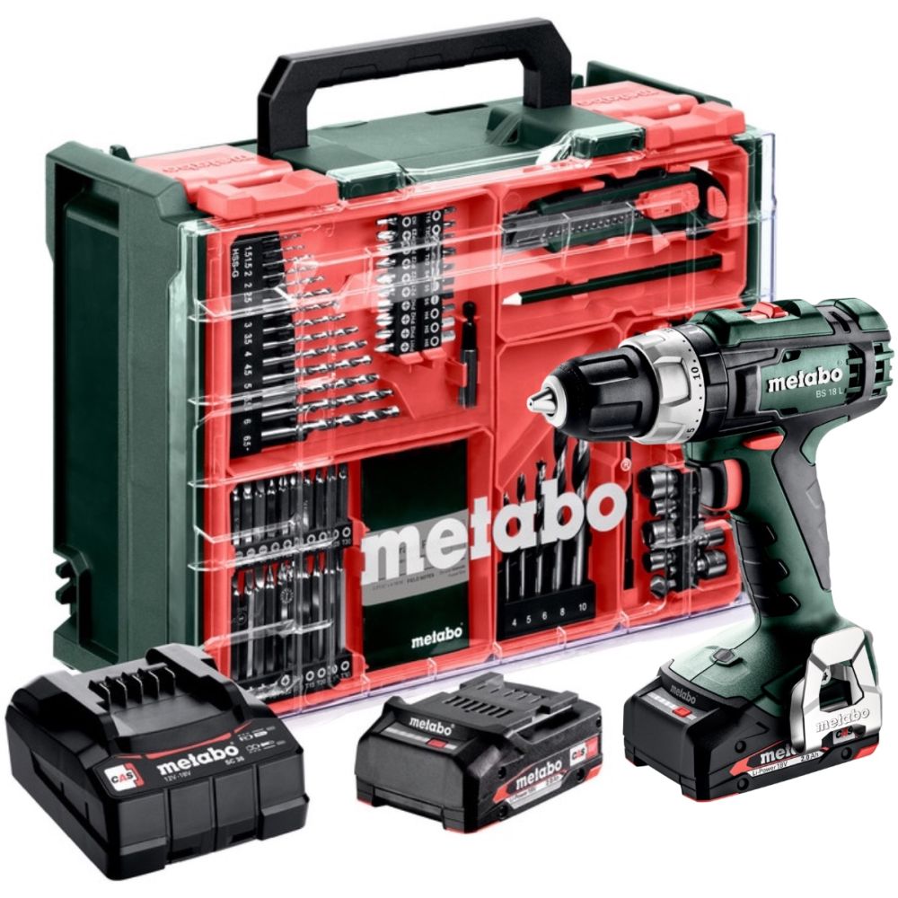 Аккумуляторная дрель-шуруповерт Metabo BS 18 L, 18 В, 1850 об/мин, с 2 АКБ 2 Ач, ЗУ и набором оснастки, в кейсе (614051710)