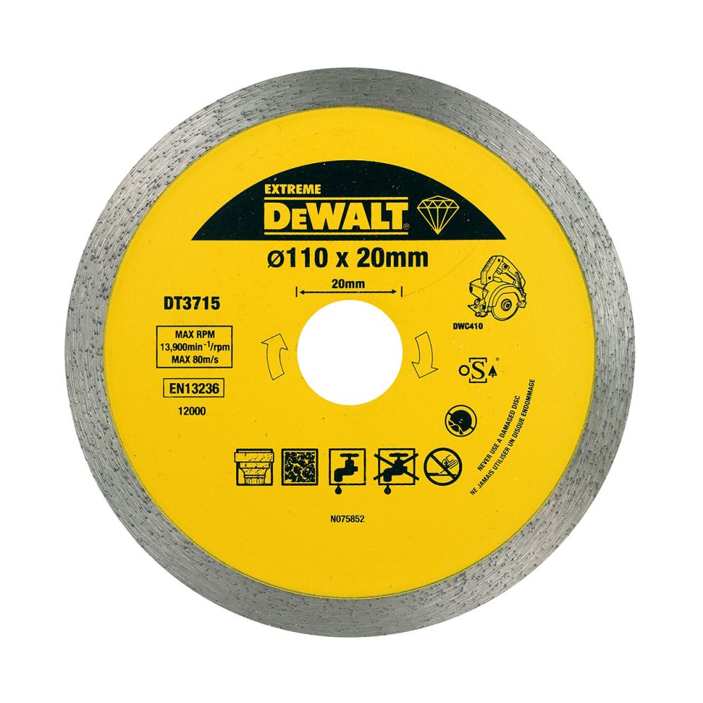 Алмазный круг сплошной по керамике DEWALT EXTREME DT3715, для плиткореза DWC410, 110 x 20, h=8