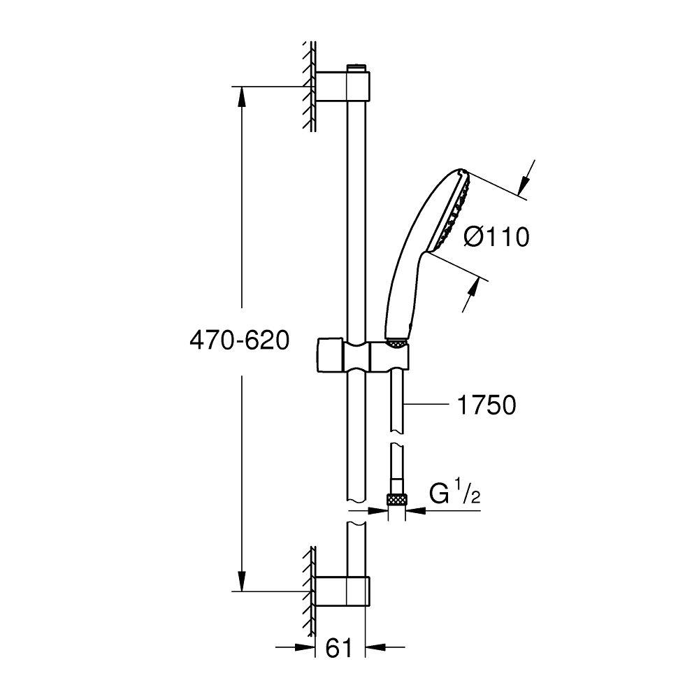 Душевой гарнитур GROHE Tempesta 110, 1 режим струи, душевая штанга 600 мм, 16.6 л/мин, хром (27853003)