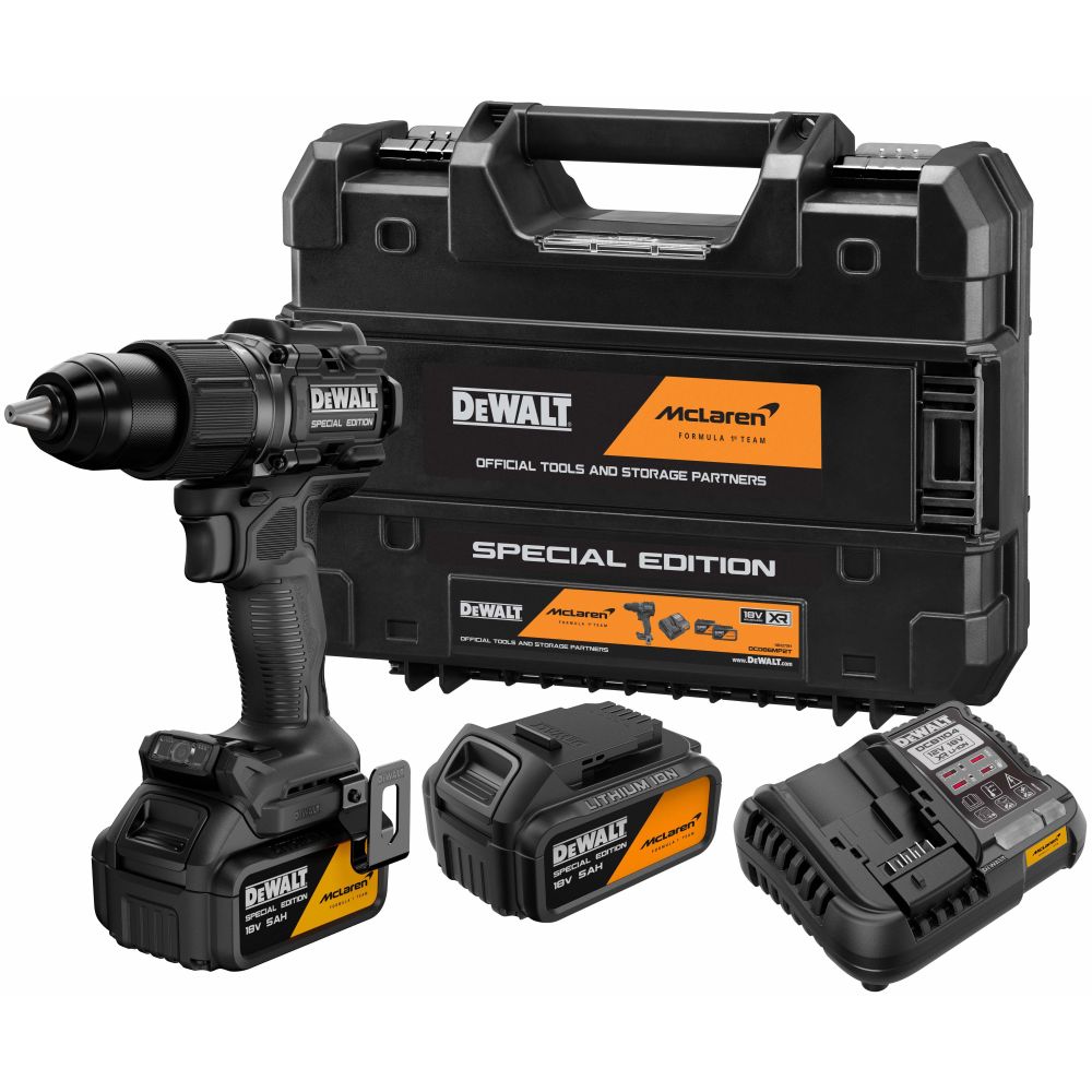 Ударная дрель-шуруповерт DEWALT McLaren Limited Edition DCD86MP2T, 18 В, 2000 об/мин, с 2 АКБ 5 Ач и ЗУ, в кейсе TSTAK