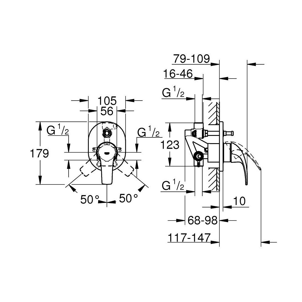 Смеситель для ванны GROHE BauCurve в комплекте с монтажной частью, хром (29043000)