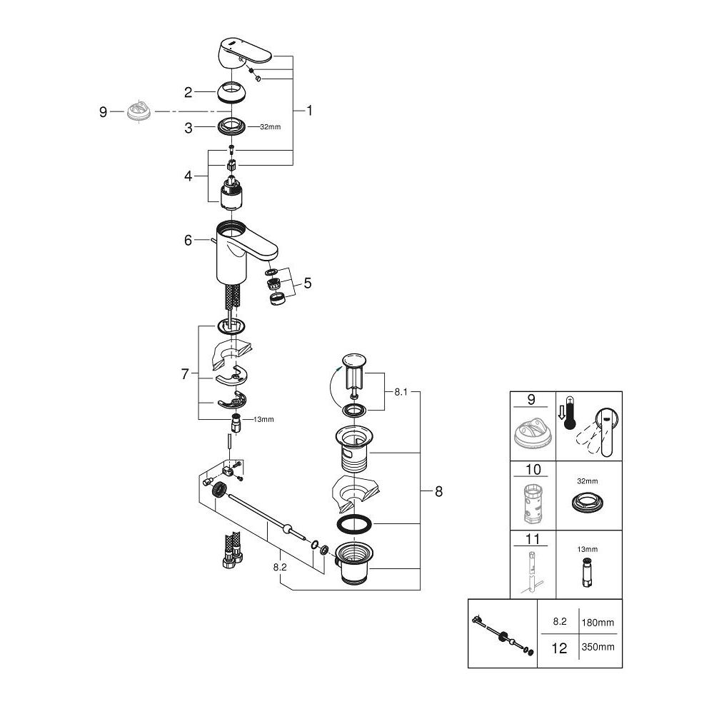Смеситель для раковины GROHE Eurosmart Cosmopolitan с донным клапаном, низкий излив, хром (32825000)