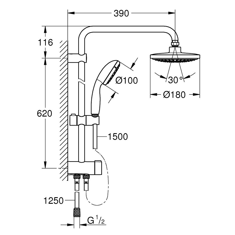 Душевая система GROHE Vitalio Start System 180 Flex со смесителем для ванны (NSB0156)