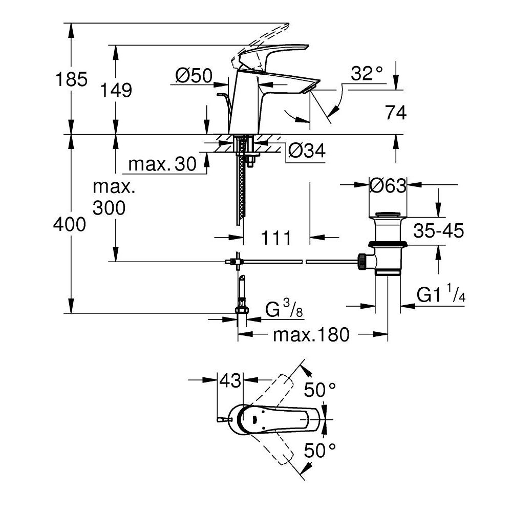 Смеситель для раковины GROHE Eurosmart, S-size, хром (23965003)