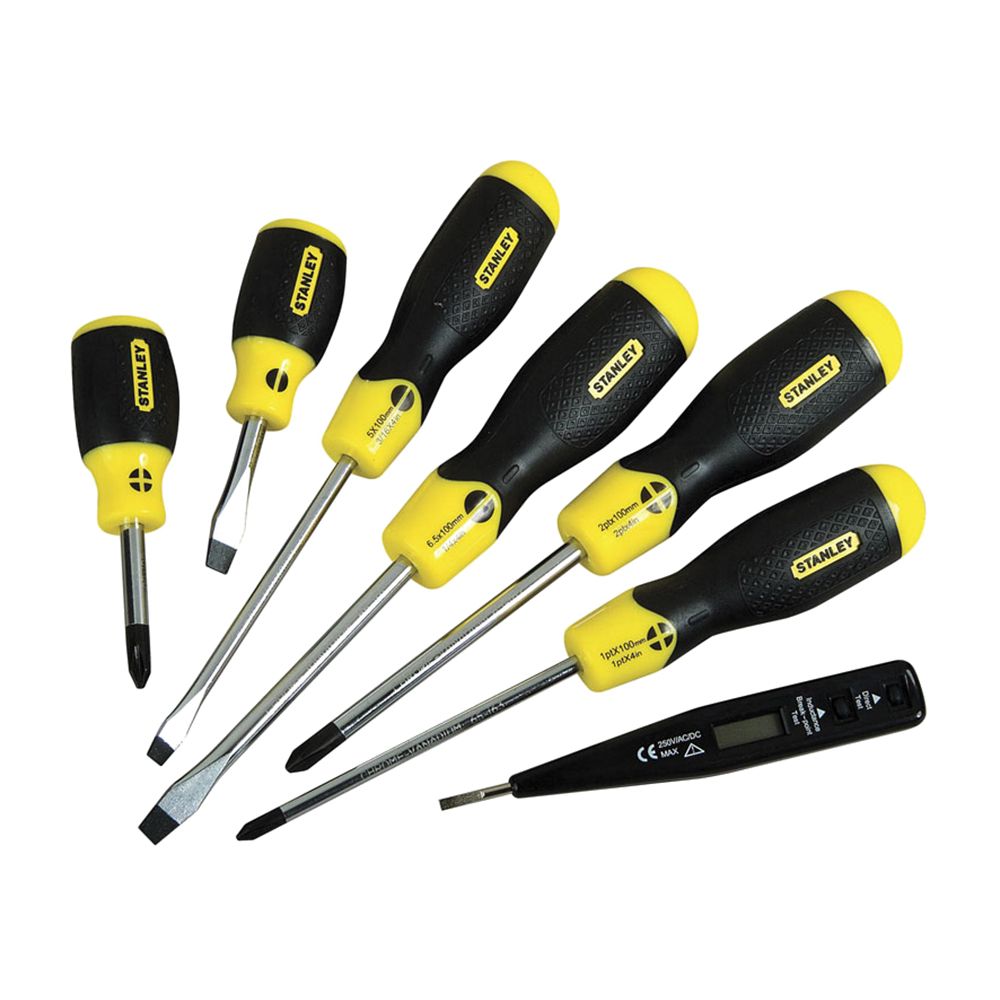 Набор из 6 отверток Cushion Grip + отвертка-пробник STANLEY 0-65-009, 250 В (5х100, 6,5х45, 6,5х150, PH1x75, PH2x45, PH2x150 +тестер)