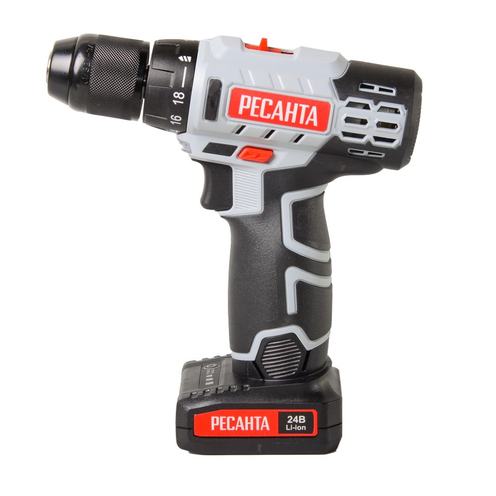 Аккумуляторная дрель-шуруповерт Ресанта ДА-24-2ЛК, 24 В, 1400 об/мин, с 2 АКБ 2 Ач и ЗУ, в кейсе, 75/14/7