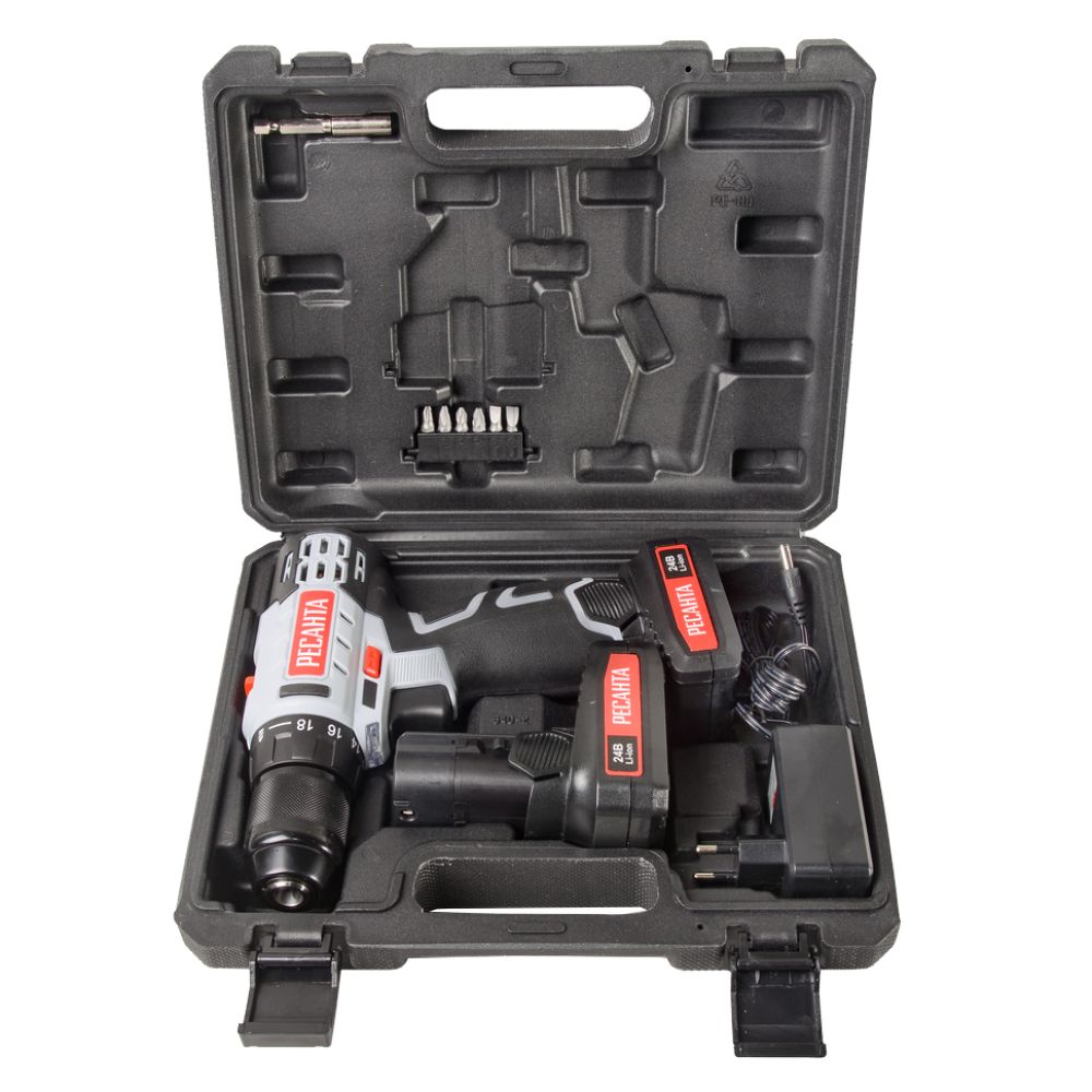 Аккумуляторная дрель-шуруповерт Ресанта ДА-24-2ЛК, 24 В, 1400 об/мин, с 2 АКБ 2 Ач и ЗУ, в кейсе, 75/14/7