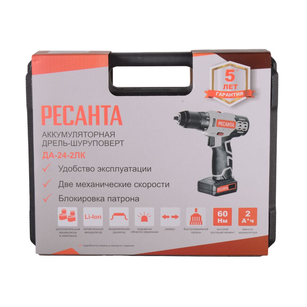 Аккумуляторная дрель-шуруповерт Ресанта ДА-24-2ЛК, 24 В, 1400 об/мин, с 2 АКБ 2 Ач и ЗУ, в кейсе, 75/14/7