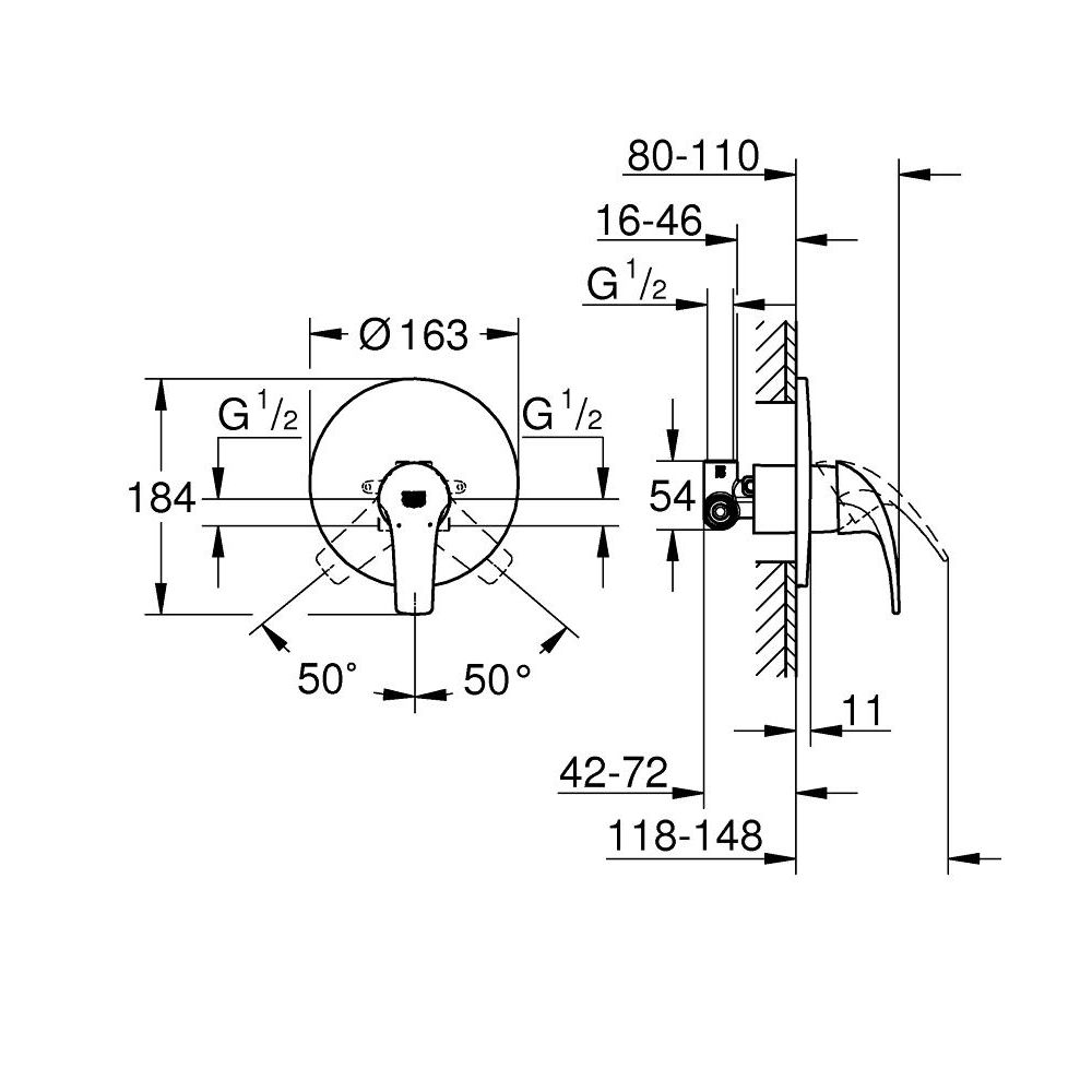 Смеситель для душа GROHE Start Curve скрытого монтажа, в комплекте с монтажной частью, хром (29114000)
