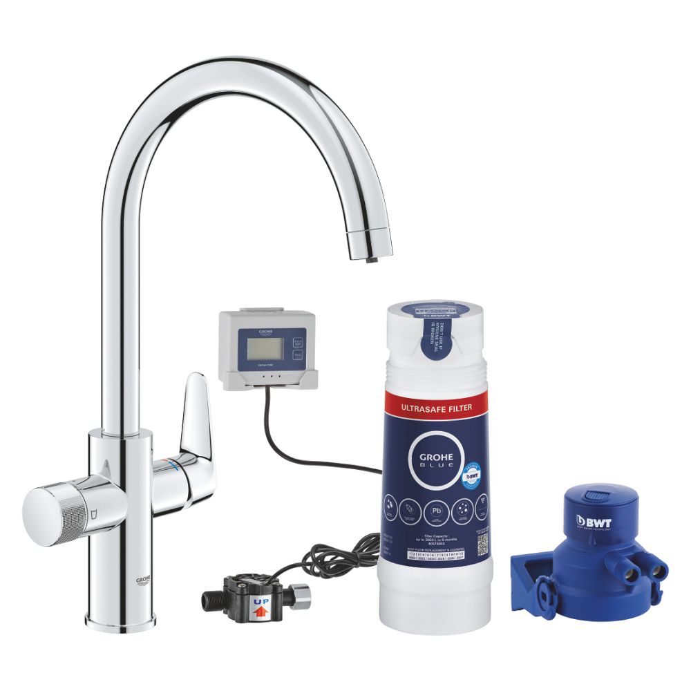 Смеситель для кухонной мойки GROHE Blue Pure BauCurve с функцией фильтрации, с фильтром UltraSafe в комплекте, хром (30582000)