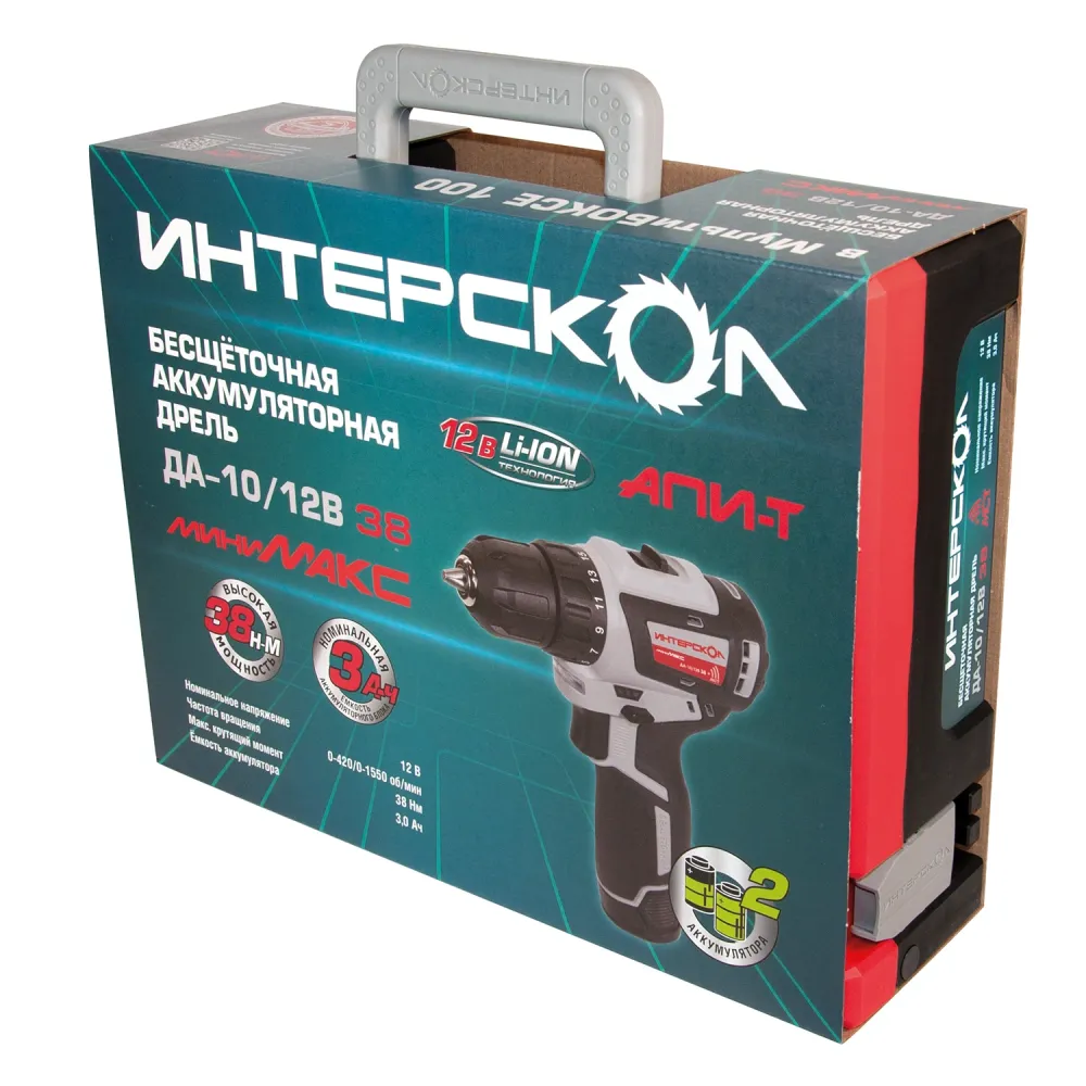 Дрель-шуруповерт ИНТЕРСКОЛ МиниМАКС ДА-10/12В 38, 12 В, 1550 об/мин, c 2 АКБ 3 Ач и ЗУ, в систейнере МультиБОКС (757.3.2.46)