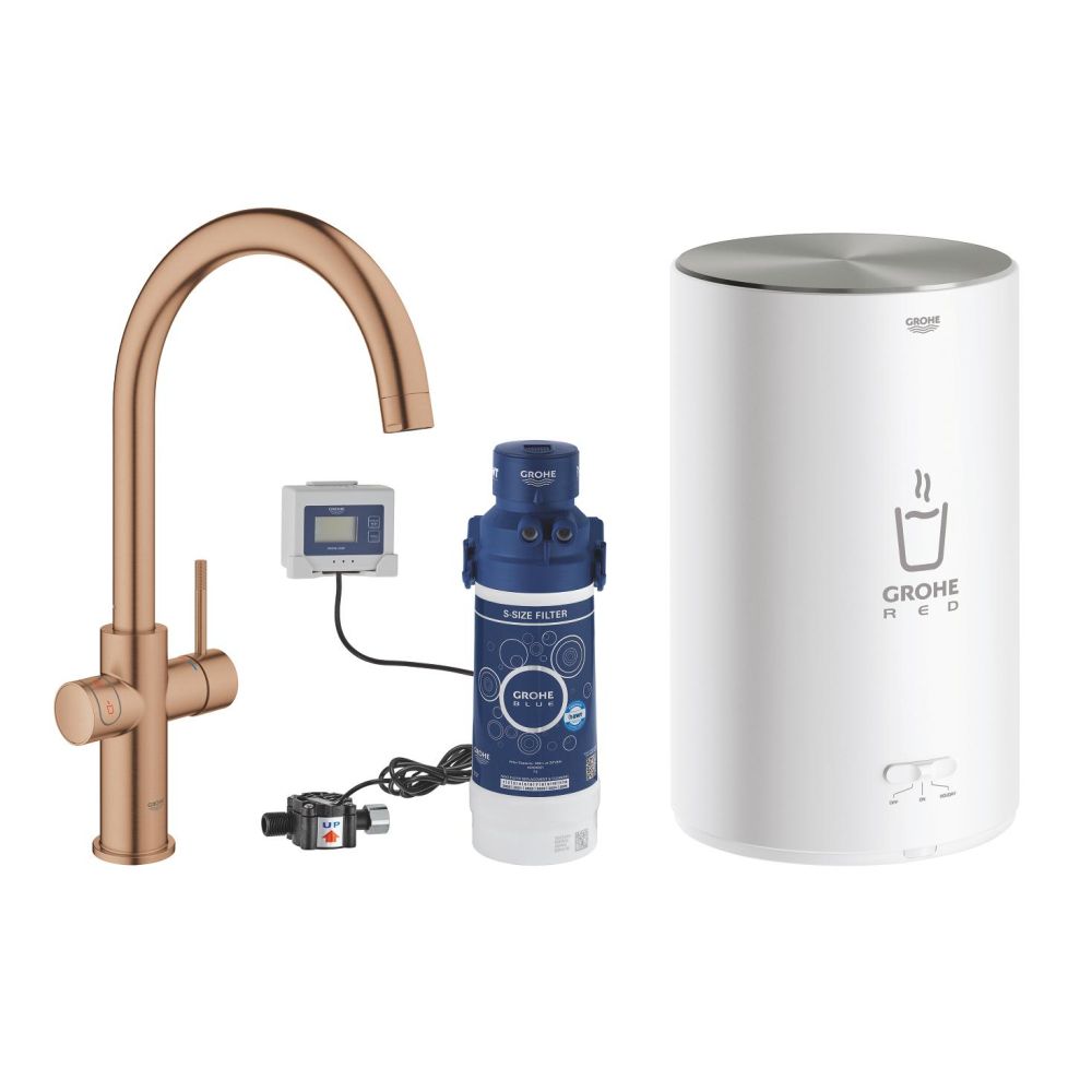 Комплект для кухни GROHE Red Duo II с бойлером M-size, смеситель с C-образным изливом, теплый закат матовый (30083DL1)