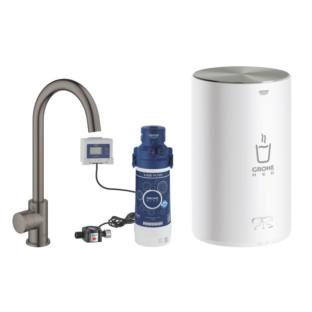 Комплект для кухни GROHE Red Mono II с бойлером M-size, с вертикальным вентилем с C-образным изливом, темный графит матовый (30085AL1)