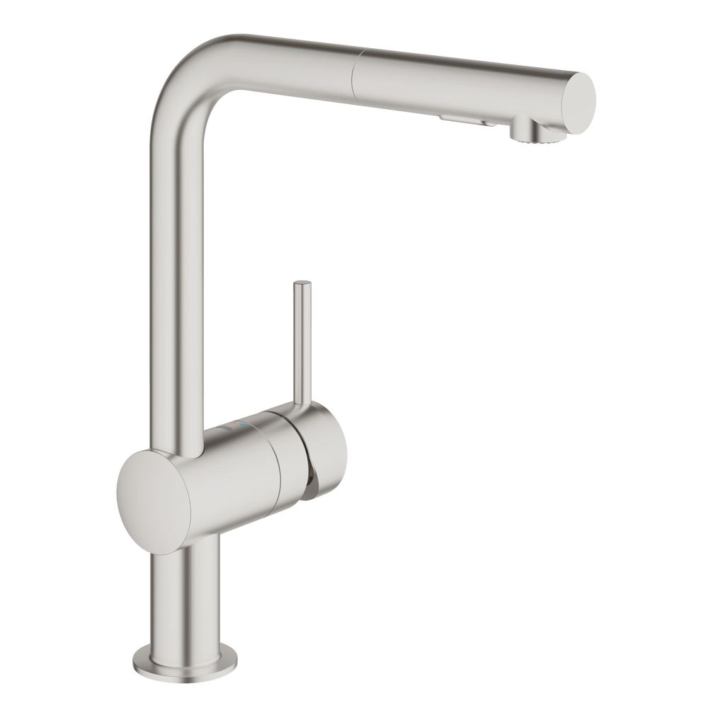 Смеситель для кухни GROHE Minta с вытяжным душем, L-образный излив, суперсталь (30274DC0)