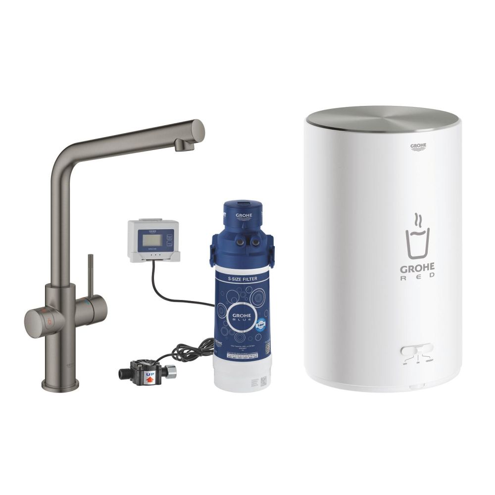 Комплект для кухни GROHE Red Duo II с бойлером M-size, смеситель с L-образным изливом, темный графит матовый (30327AL1)