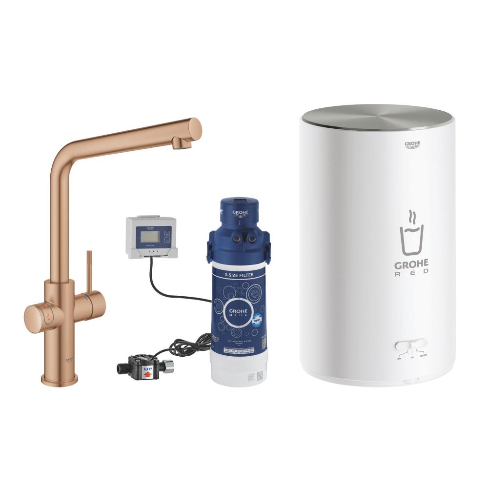 Комплект для кухни GROHE Red Duo II с бойлером M-size, смеситель с L-образным изливом, теплый закат матовый (30327DL1)