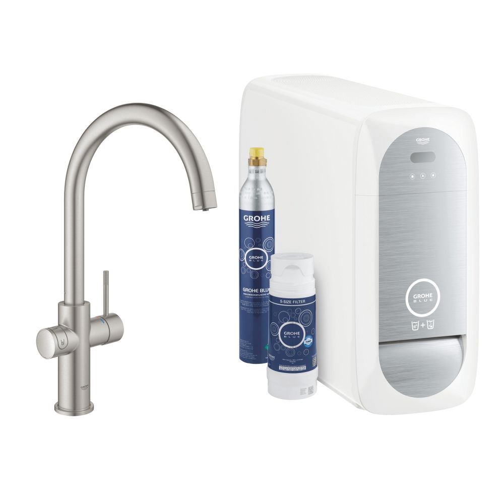 Смеситель для кухни GROHE Blue Home с системой фильтрации, охлаждения и газирования воды, суперсталь (31455DC1)