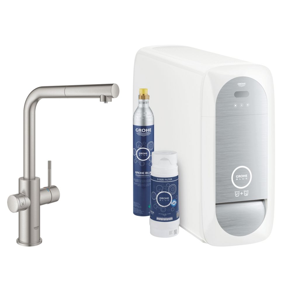 Смеситель для кухни GROHE Blue Home с системой фильтрации, охлаждения и газирования воды, Wi-Fi, суперсталь (31539DC0)