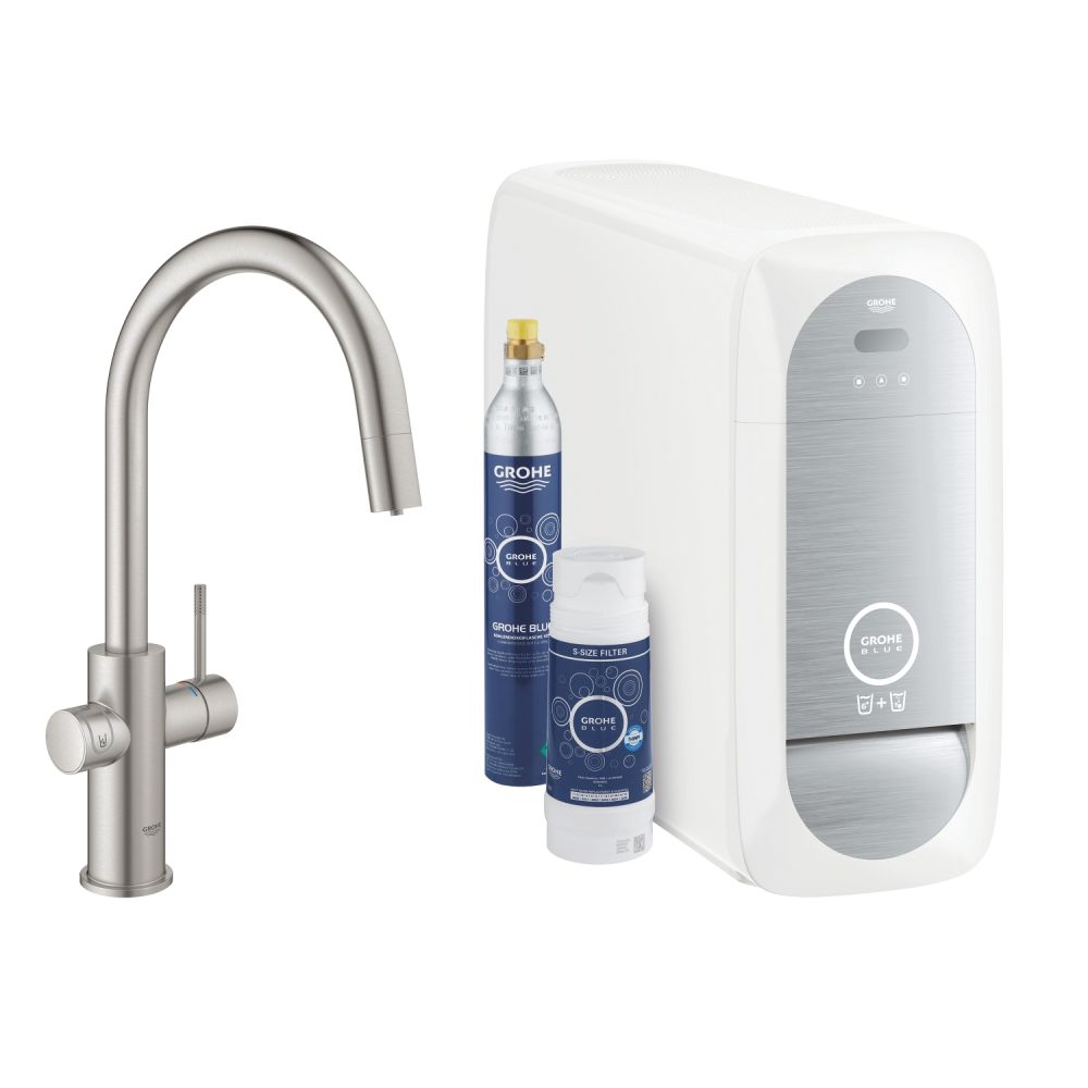 Смеситель для кухни GROHE Blue Home с системой фильтрации, охлаждения и газирования воды, Wi-Fi, суперсталь (31541DC0)