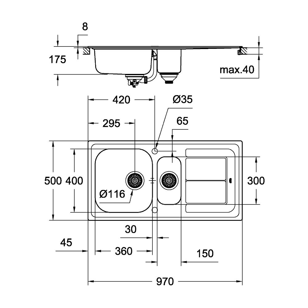Мойка GROHE из нержавеющей стали с корзинчатым вентилем, оборачиваемая, K300 60 -S 97/50 1.5 (31564SD0)