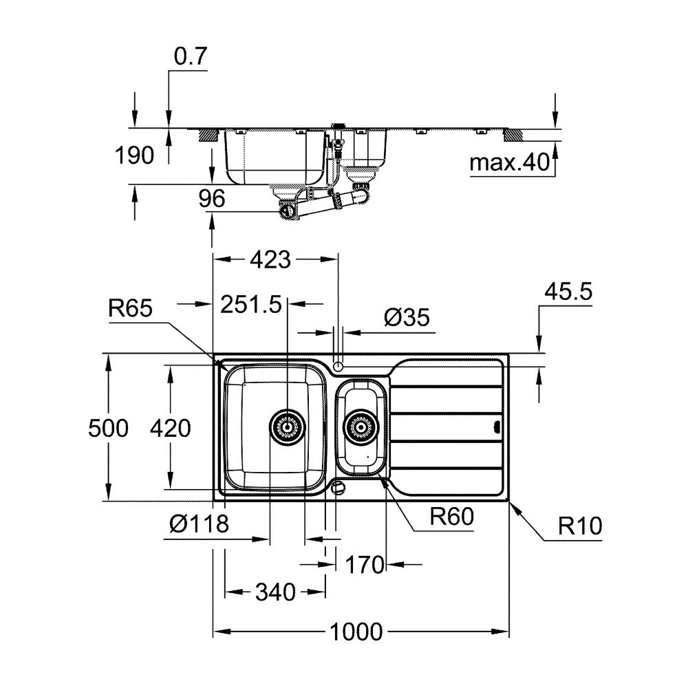 Мойка GROHE K500 с корзинчатым вентилем, нержавеющая сталь (31572SD1)