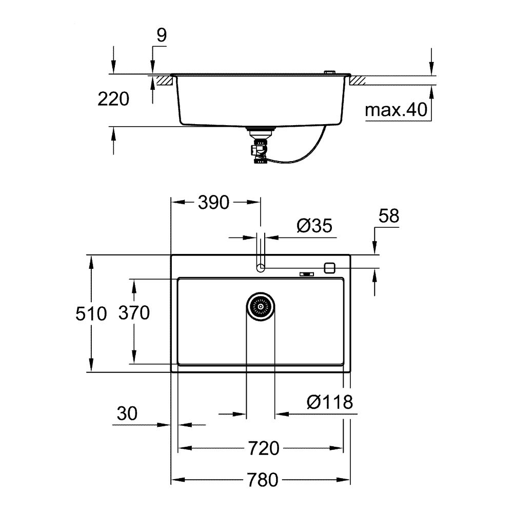 Мойка GROHE K700 с одной чашей, 780 x 510 мм, серый гранит (31652AT0)