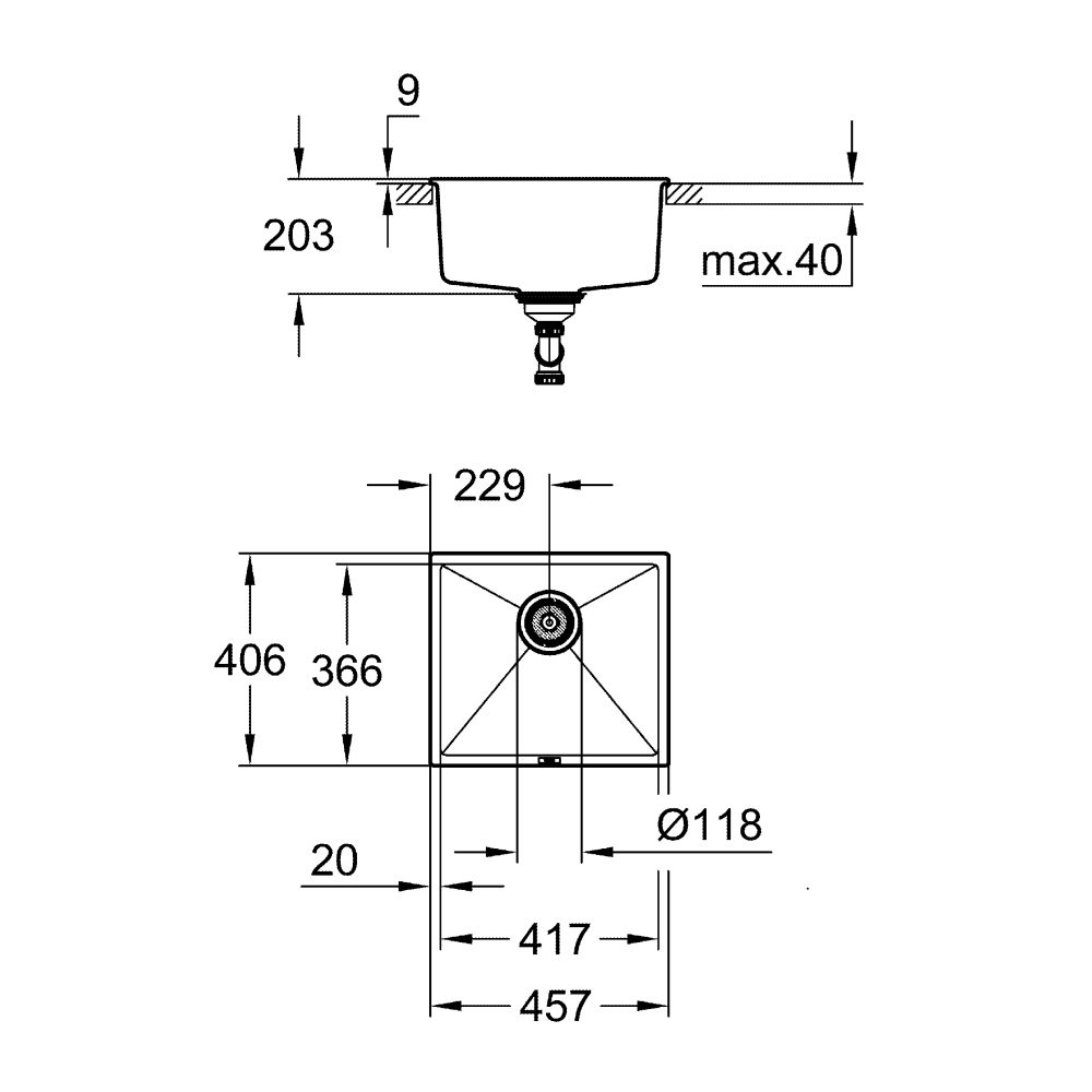 Мойка GROHE K700U с одной чашей, 457 x 406 мм, серый гранит (31653AT0)
