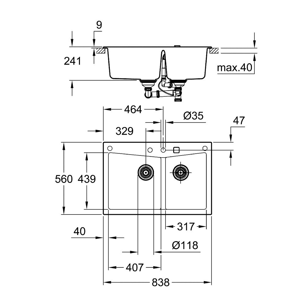 Мойка GROHE K700 с 2 чашами, 838 x 559 мм,черный гранит (31657AP0)