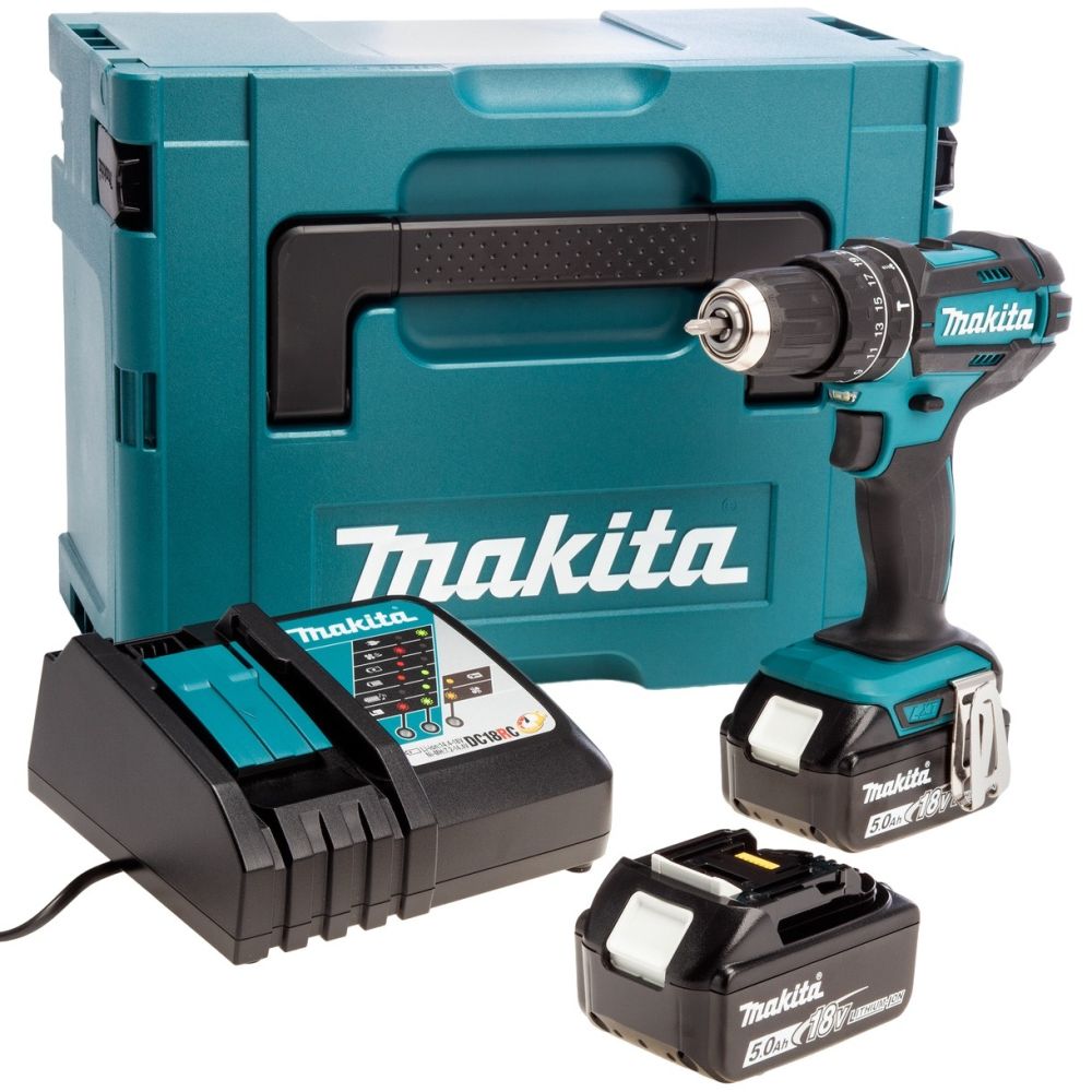 Аккумуляторная ударная дрель-шуруповерт Makita 18В, АКБ 2х5.0 Ah и ЗУ, кейс MakPac-2, DHP482RTJ