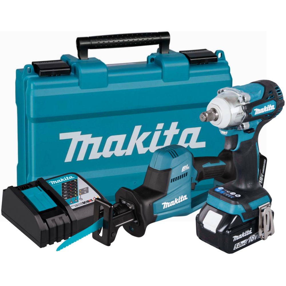 Аккумуляторный набор Makita, 18 В: гайковерт DTW300 + сабельная пила DJR189, с 2 АКБ 5 Ач и ЗУ, в кейсе