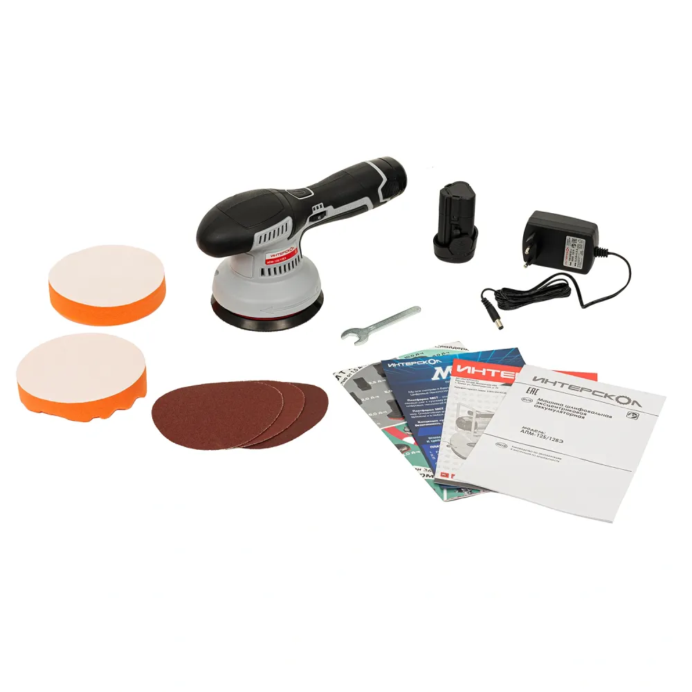 Аккумуляторная полировальная машина ИНТЕРСКОЛ АПМ-125/12ВЭ, 12 В, 125 мм, 5000 об/мин, с 2 АКБ 2 Ач и ЗУ (788.2.2.70)