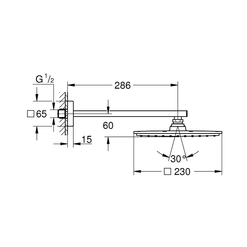 Верхний душ с душевым кронштейном 286 мм, 1 режим струи, GROHE Rainshower Allure 230, хром, (26054000)