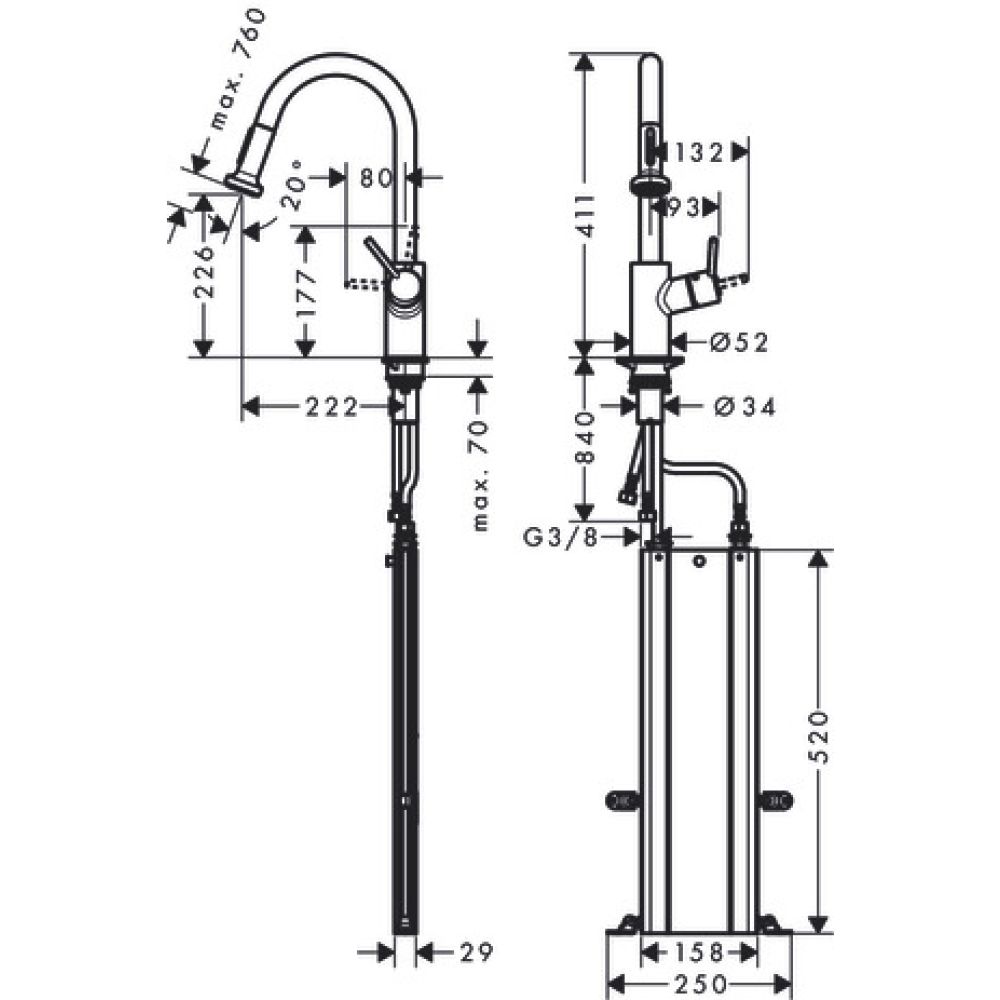 Смеситель для кухонной мойки hansgrohe Talis M52 220, для установки напротив окна, с вытяжным душем 2jet, Sbox 73863800, под сталь