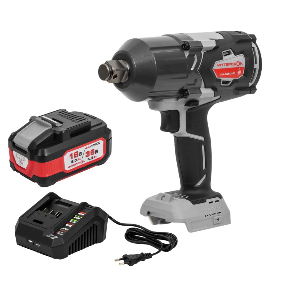 Аккумуляторный ударный гайковерт ИНТЕРСКОЛ ГАУ-1200/36ВЭ, 36 В, 1200 Hм, 2050 уд/мин, с АКБ 4 Ач и ЗУ (819.0.0.70-B4C)