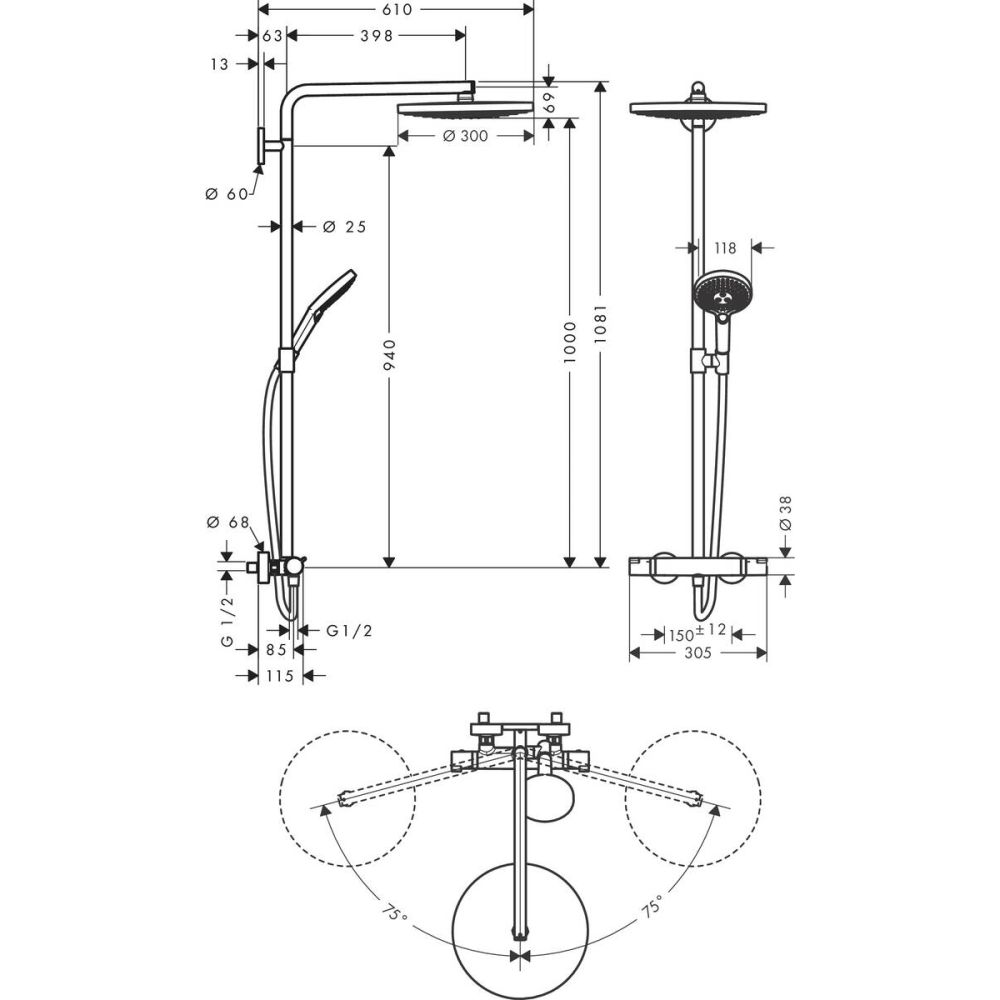 Душевая система hansgrohe Raindance Select S 300 2jet с термостатом 27133400, белый/хром