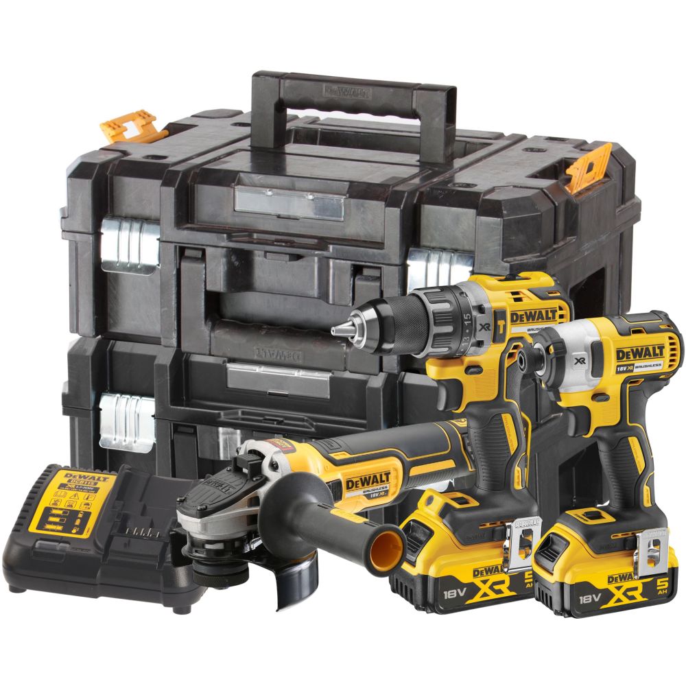 Аккумуляторный набор DEWALT DCK384P2T, 18 В: дрель DCD796 + шуруповерт DCG405 + УШМ DCG405, с 2 АКБ 5 Ач и ЗУ, в 2 кейсах TSTAK
