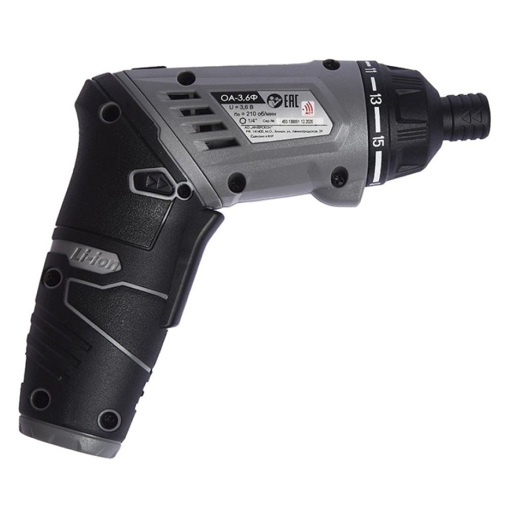 Аккумуляторная отвертка ИНТЕРСКОЛ ОА-3,6Ф, 3.6 В, 5 Н·м, 200 об/мин, 1 АКБ 1.3 Ач и ЗУ, в кейсе, 433.0.1.00