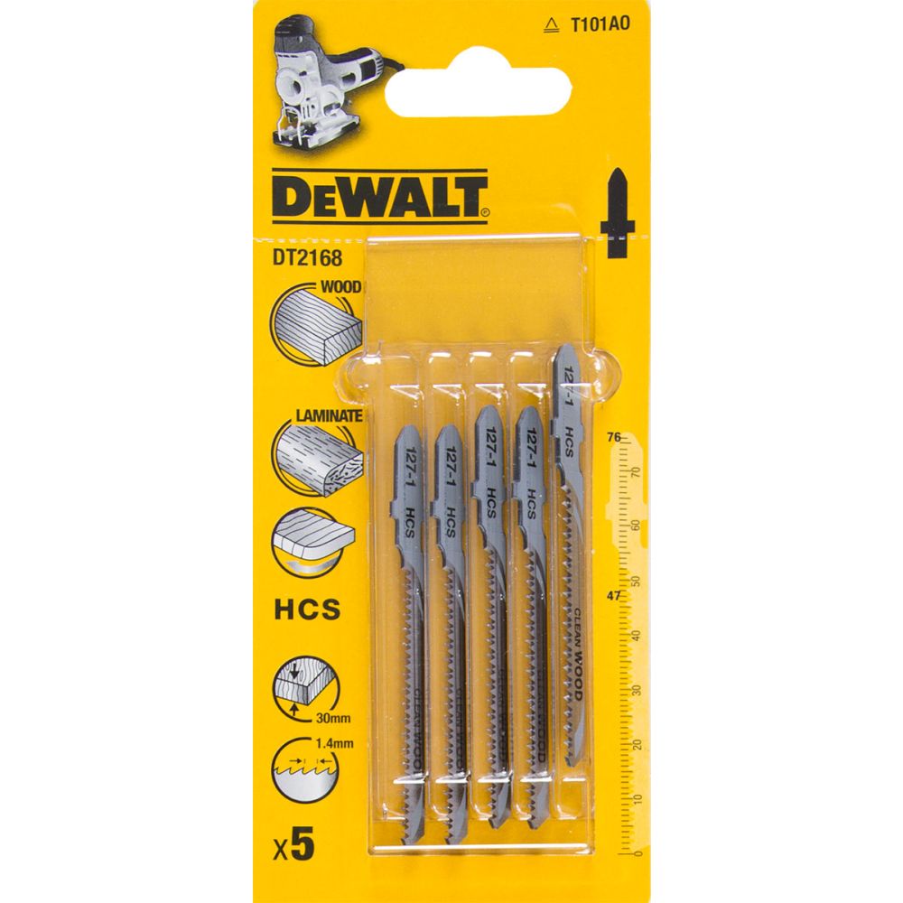 Пилка для лобзика DEWALT DT2168, по дереву из высокоуглеродистой стали, HCS, 76 x 47 x 1.4 x 30 мм, T101AO, 5 шт.