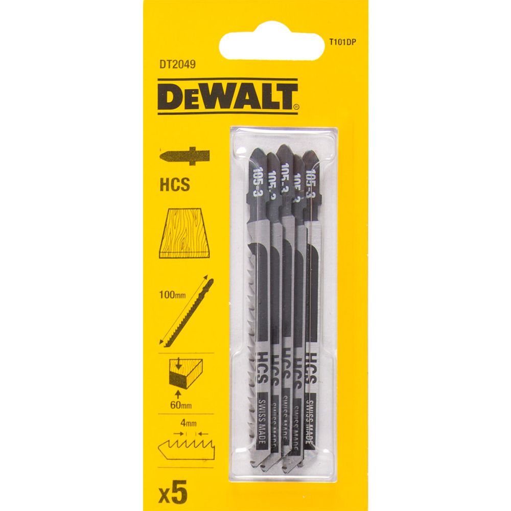 Пилка для лобзика DEWALT DT2049, по дереву из высокоуглеродистой стали, HCS, 100 x 68 x 4.0 x 60 мм, T101DP, 5 шт.