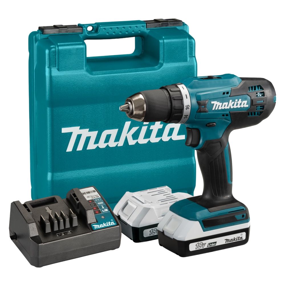 Аккумуляторная дрель-шуруповерт Makita, 18 В, 1400 об/мин, с 2 АКБ 1.5 Ач и ЗУ, в кейсе, DF488D002
