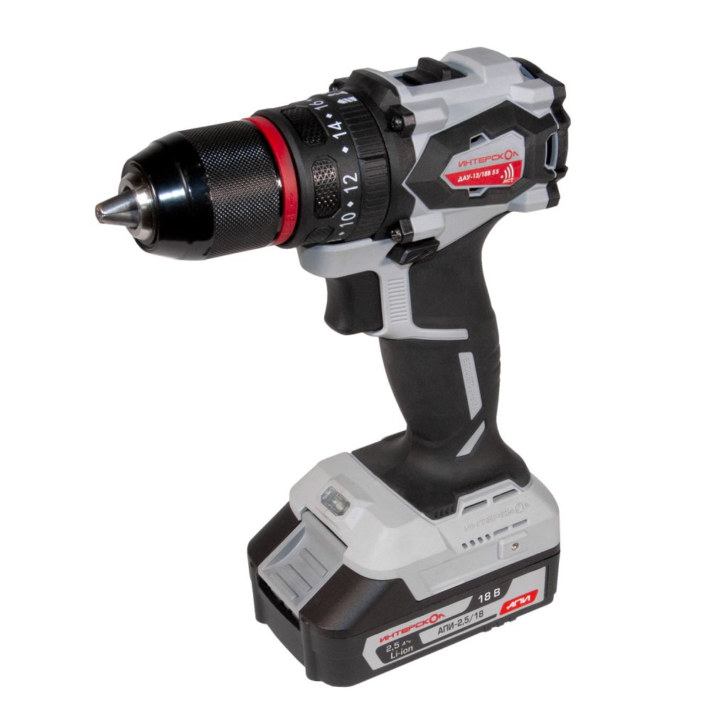 Дрель-шуруповерт ИНТЕРСКОЛ ДАУ-13/18В 55, 18 В, 1850 об/мин, 27750 уд/мин, с 2 АКБ 2.5 Ач и ЗУ, в кейсе (953.2.2.70)