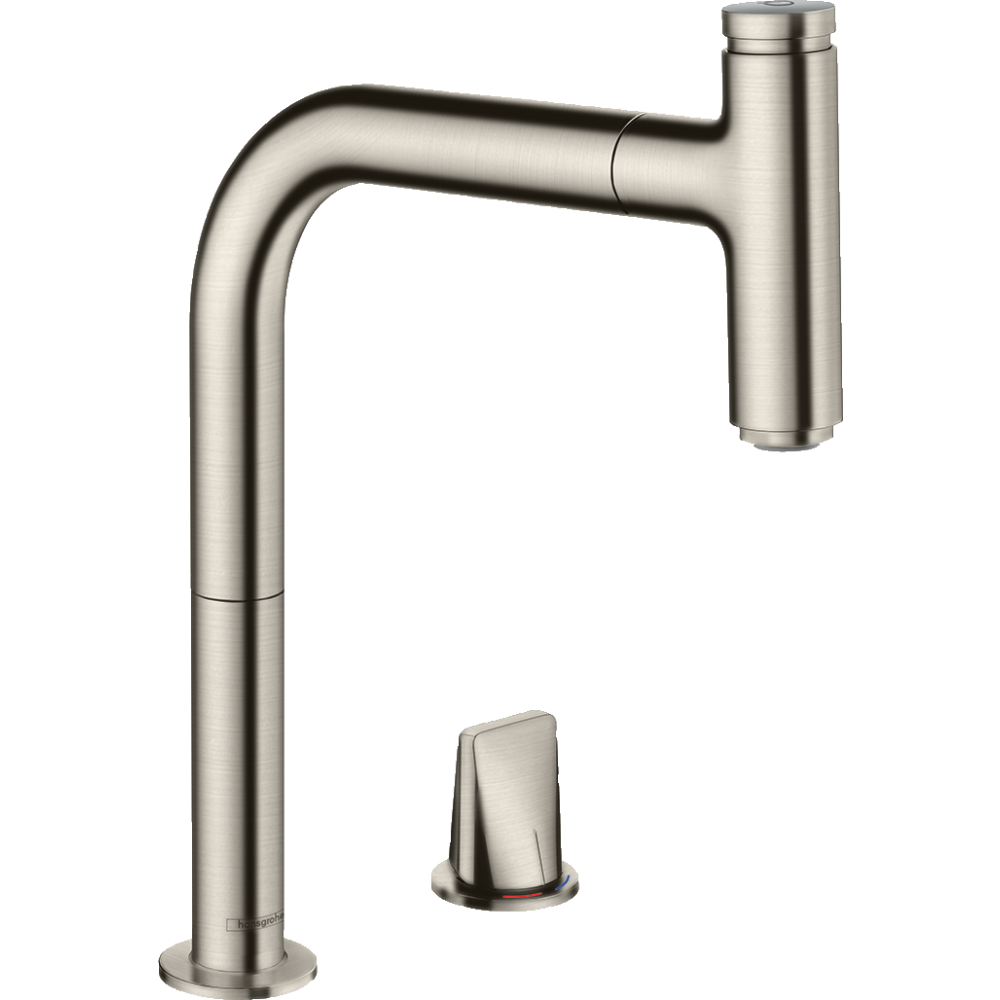 Смеситель для кухонной мойки hansgrohe Metris Select M71 200, на 2 отверстия, с вытяжным изливом, sBox 73804800, под сталь