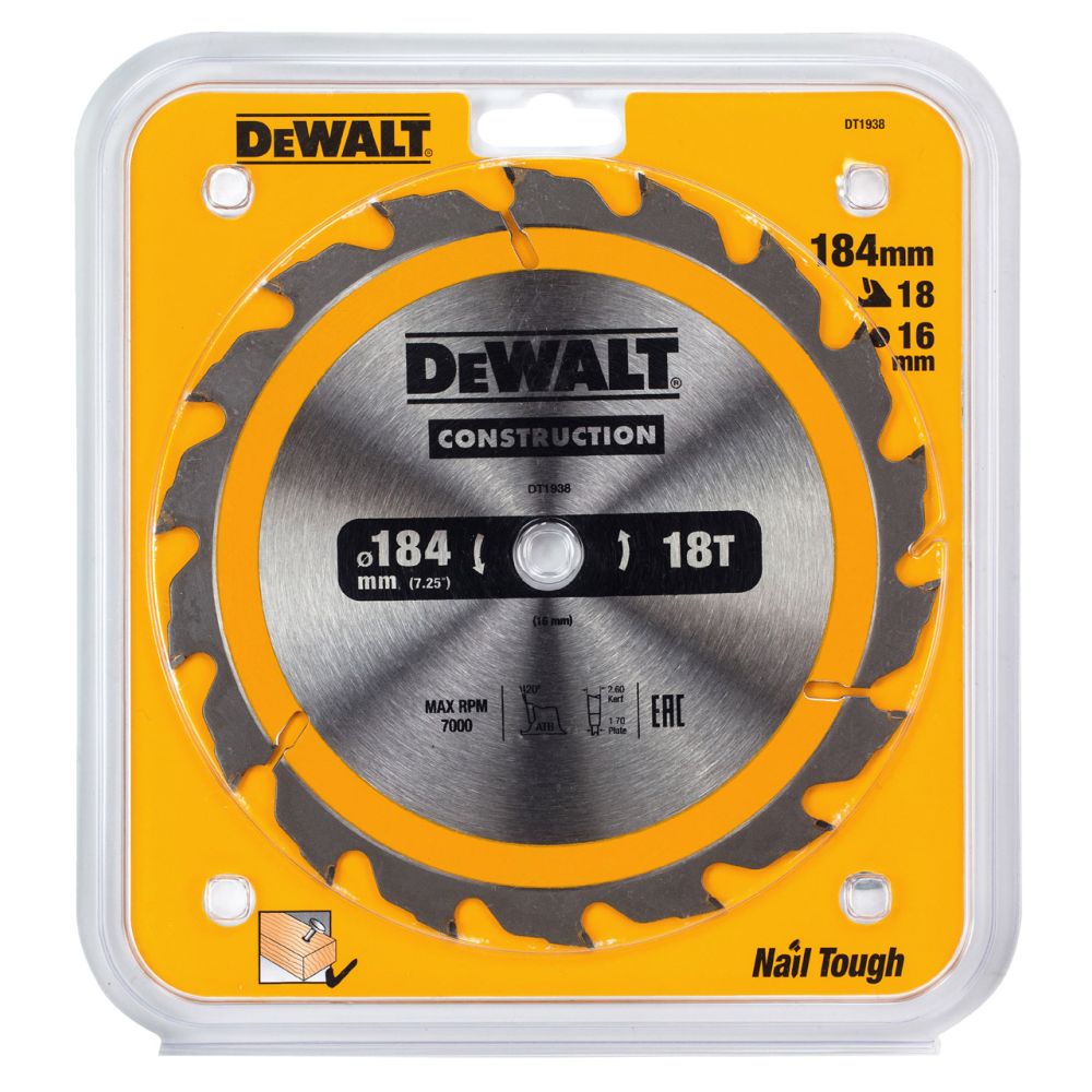 Диск пильный по дереву DEWALT CONSTRUCTION, 184х16х1.7 мм (DT1938-QZ)