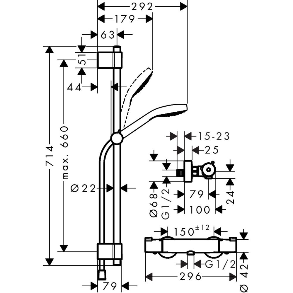 Термостат для душа hansgrohe Ecostat 1001 CL внешнего монтажа, с душевым гарнитуром Croma Select S 27833400, белый/хром