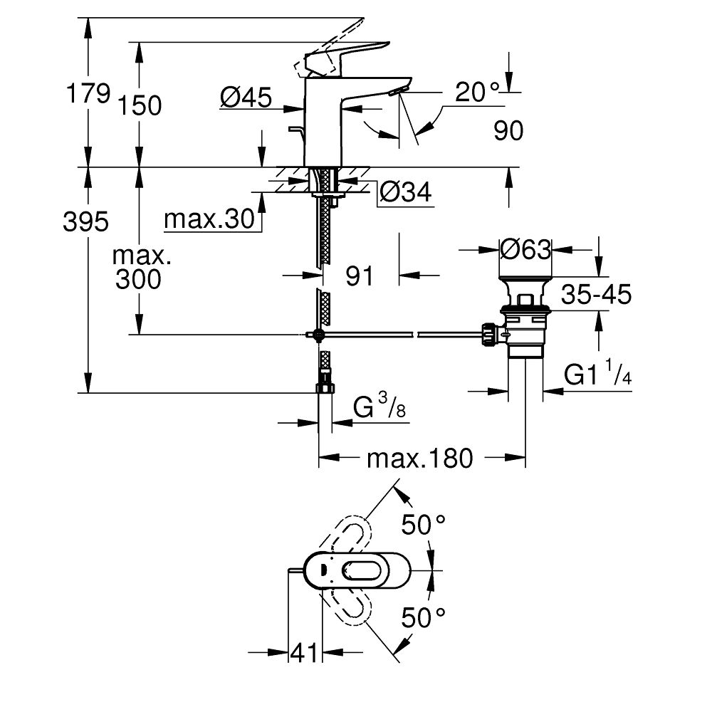 Смеситель для раковины GROHE BauLoop с донным клапаном, хром (23335000)